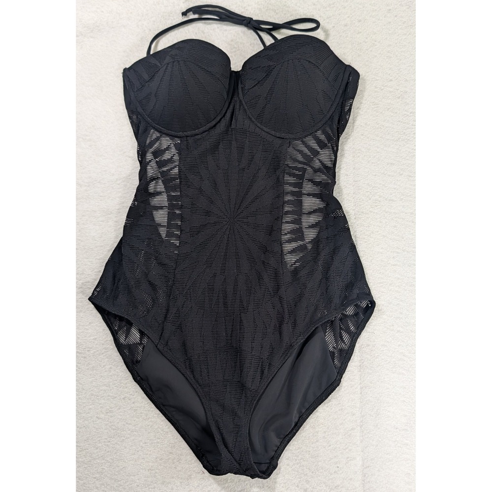 Mara Hoffman Black Textured Mesh Underwire One Piece Swimsuit Large Halter Neck